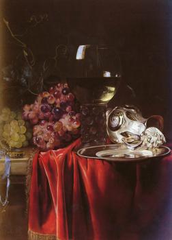 威廉 萬 艾斯特 靜物葡萄,一個德國錐腳球形酒盃,一個銀茶壺和一個磐子